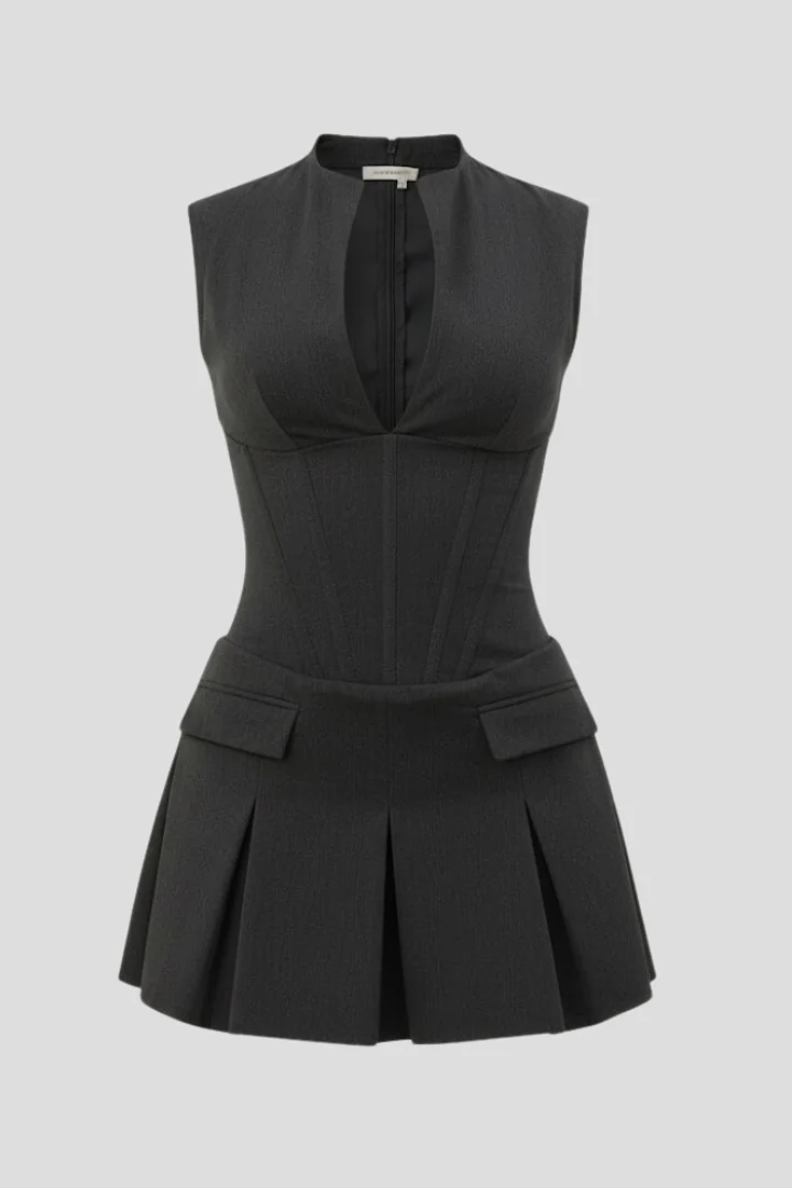 Damen strukturiertes Minikleid mit ärmellosem Schnitt und Faltenrock