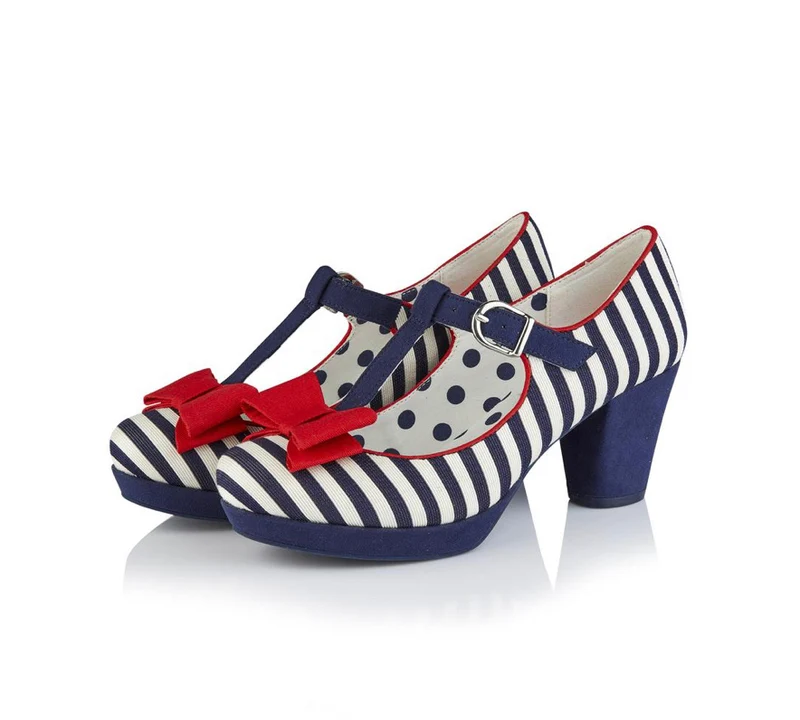 Ruby Shoo Jazz Mid Heel - Marineblau gestreift