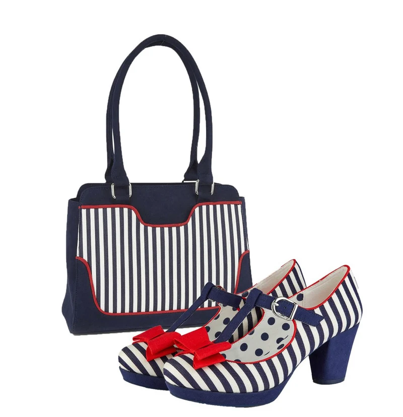 Ruby Shoo Jazz Mid Heel - Marineblau gestreift