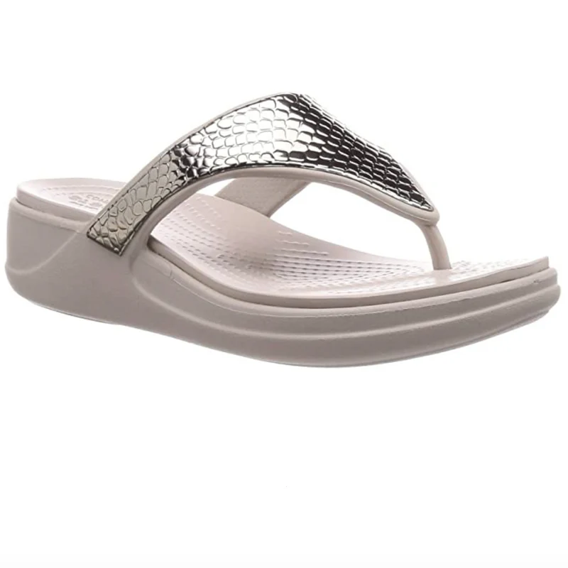 Crocs Damen Monterey Metallic Wedge Flip Flop - Silber Platin