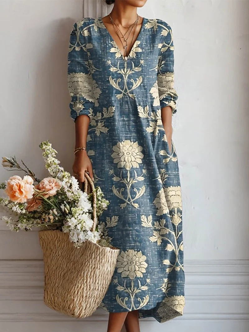 Clara | Midi Kleid Leinen Boho V-Ausschnitt Taschen Langarm