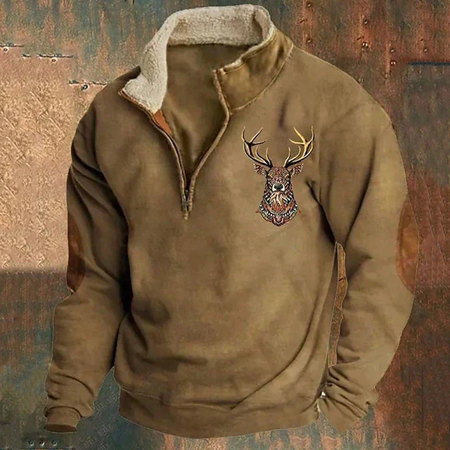 Walter | Herren Winter Fleece Pullover mit Hirschmotiv und Reißverschlusskragen