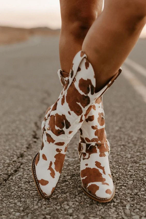 Eva | Damen Trendige Stiefel mit Kuhfellmuster im Westernstil