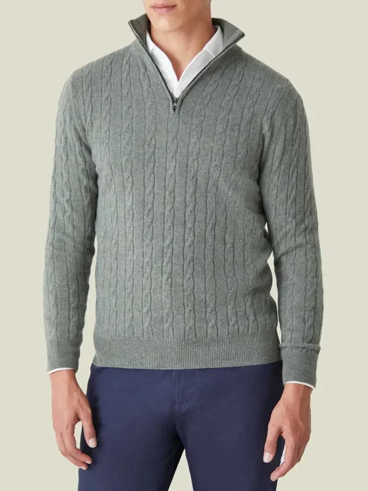 Men’s Cable Knit Half Zip Jumper – Stand Collar, Rib Trim