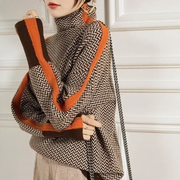 Anna | Damen Luxus Fischgrät Rollkragenpullover