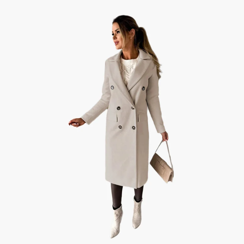 Jasmin | Damen Doppelreihiger Langer Mantel im klassischen Stil