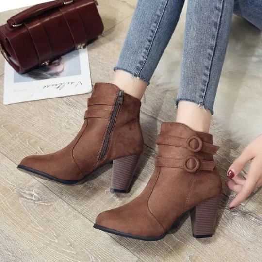 Carolin | Damen High-Heel-Stiefeletten mit Schnalle und Reißverschluss