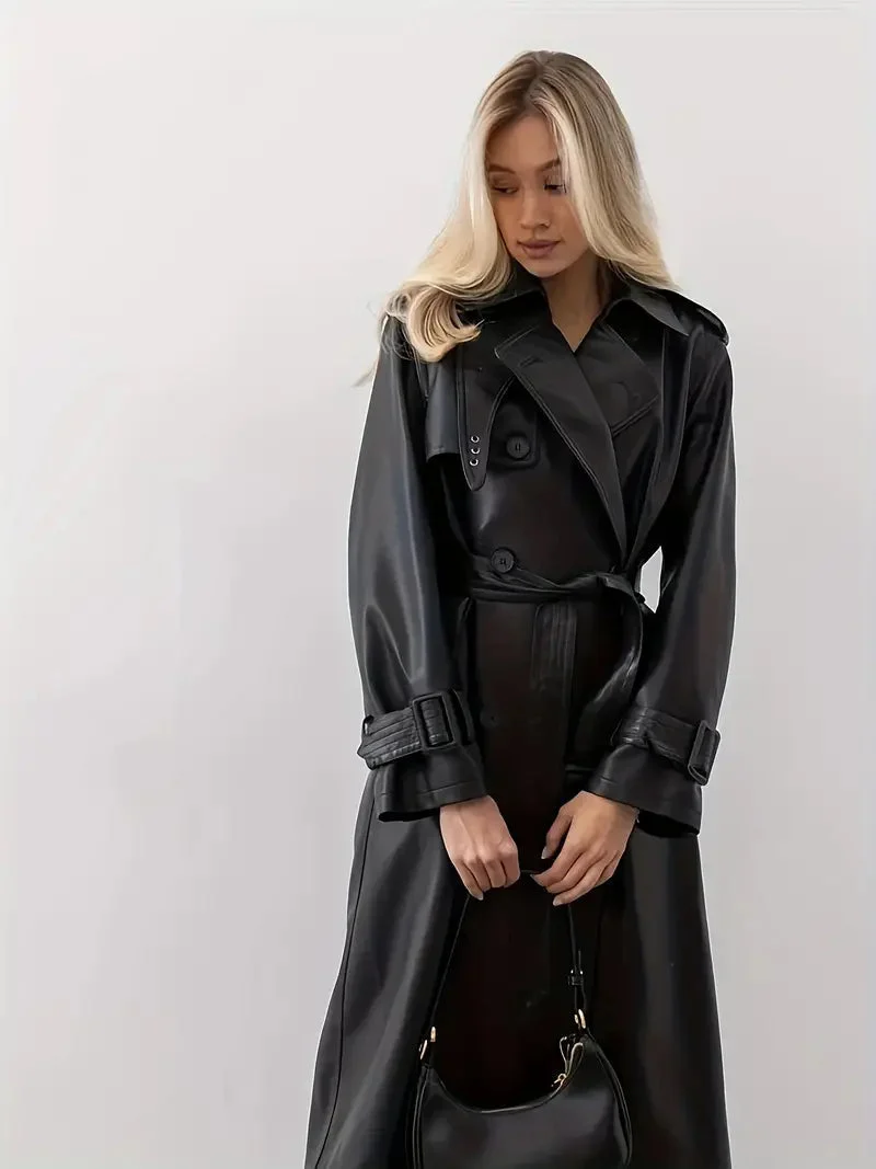 Edith | Damen Langer Gürtetragender Kunstleder Trenchcoat
