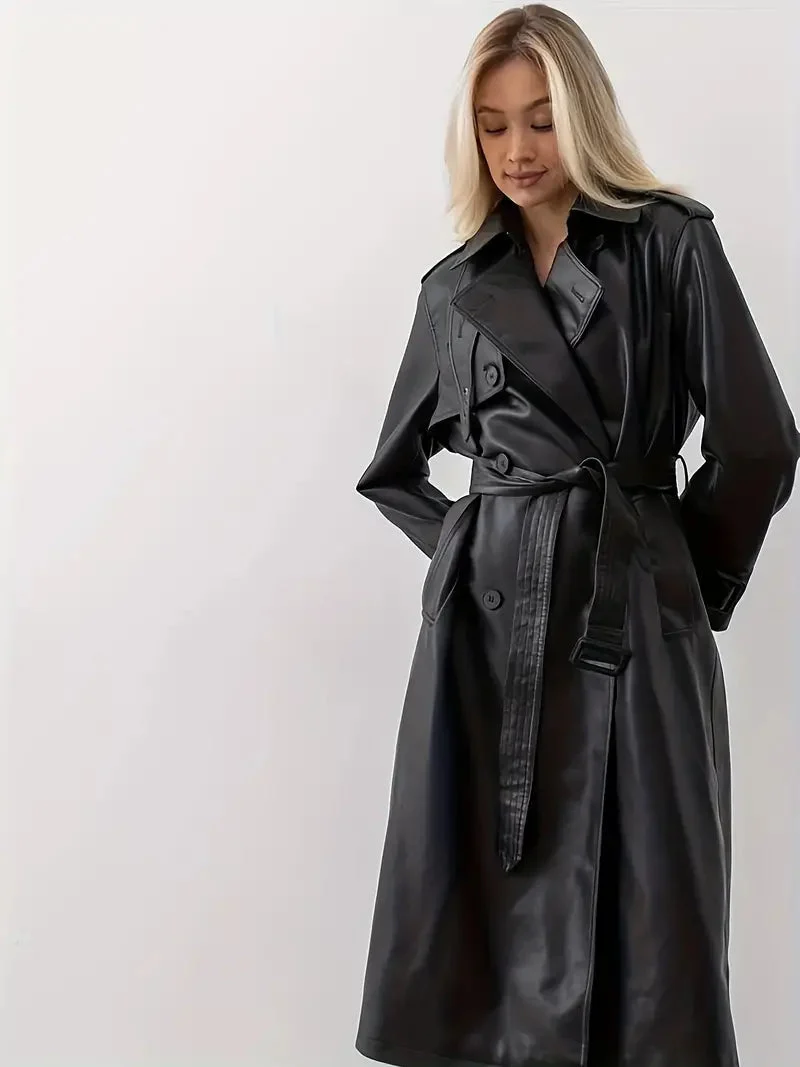 Edith | Damen Langer Gürtetragender Kunstleder Trenchcoat