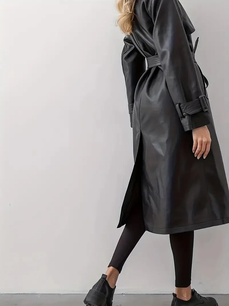 Edith | Damen Langer Gürtetragender Kunstleder Trenchcoat