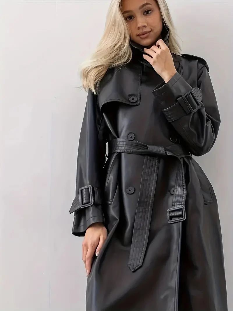 Edith | Damen Langer Gürtetragender Kunstleder Trenchcoat
