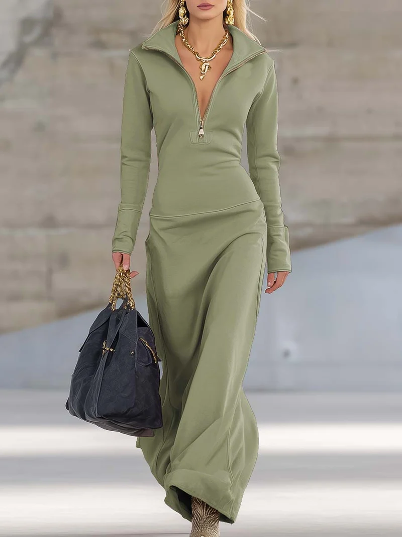 Maxikleid Damen | Figurbetonend mit Zip-Kragen & Langarm