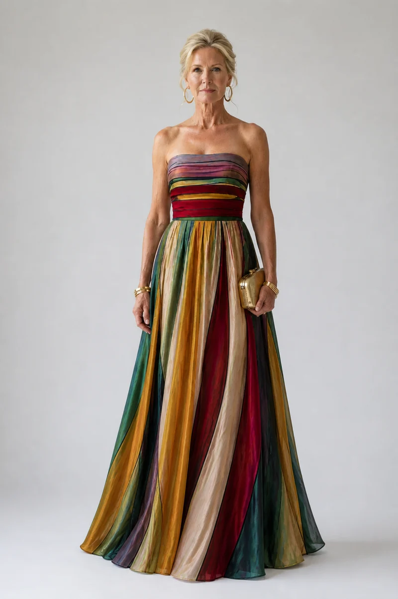 Maxikleid Damen | Trägerloses Bandeau & Bunter Streifenrock