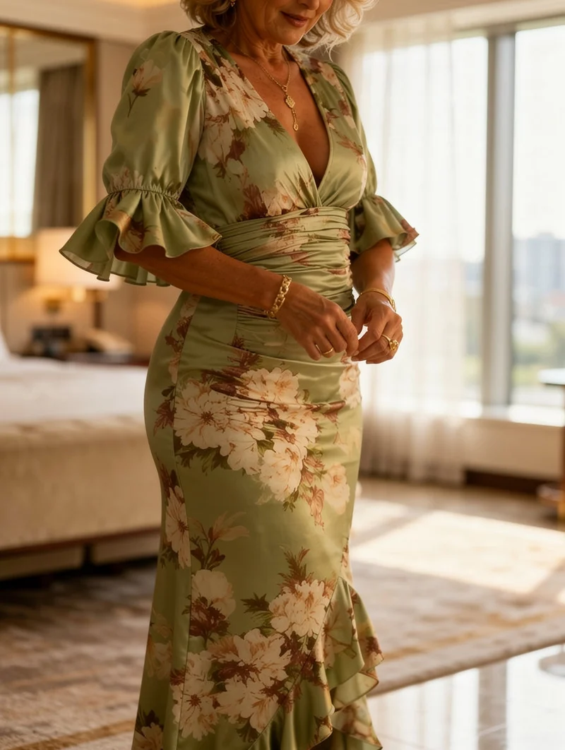 Maxikleid Damen | Florales Satinkleid mit Rüschen & Figurbetontem Schnitt