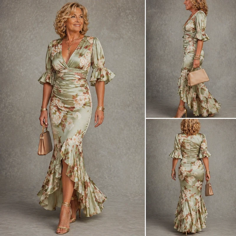 Maxikleid Damen | Florales Satinkleid mit Rüschen & Figurbetontem Schnitt