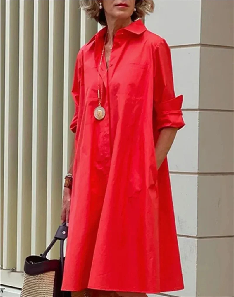 Hemdkleid Damen | Elegantes A-Linien Kleid mit Knopfleiste & Taschen