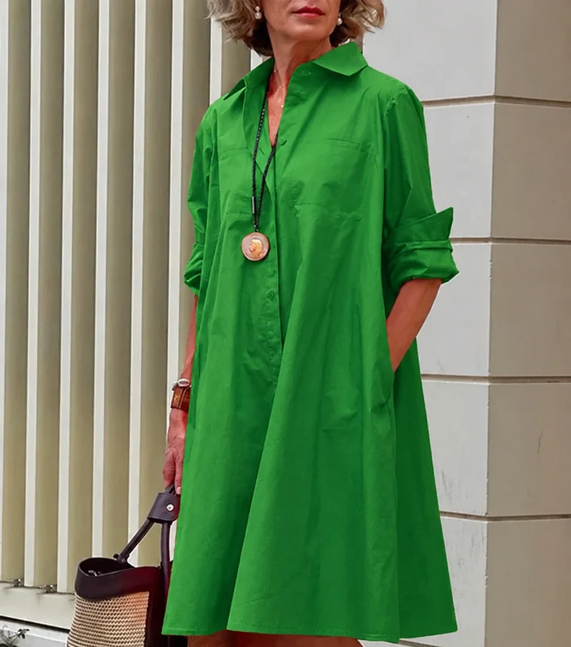 Hemdkleid Damen | Elegantes A-Linien Kleid mit Knopfleiste & Taschen