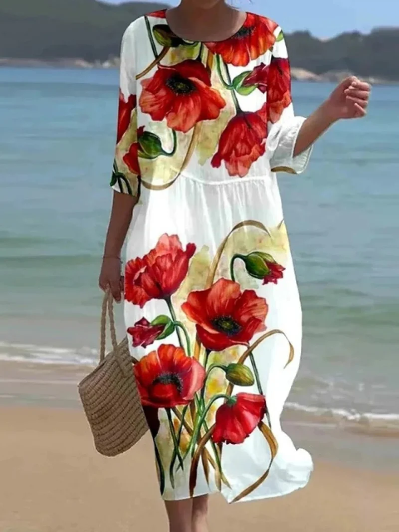 Blumenkleid Damen | Fließendes Midi mit Rosenprint & 3/4-Ärmeln