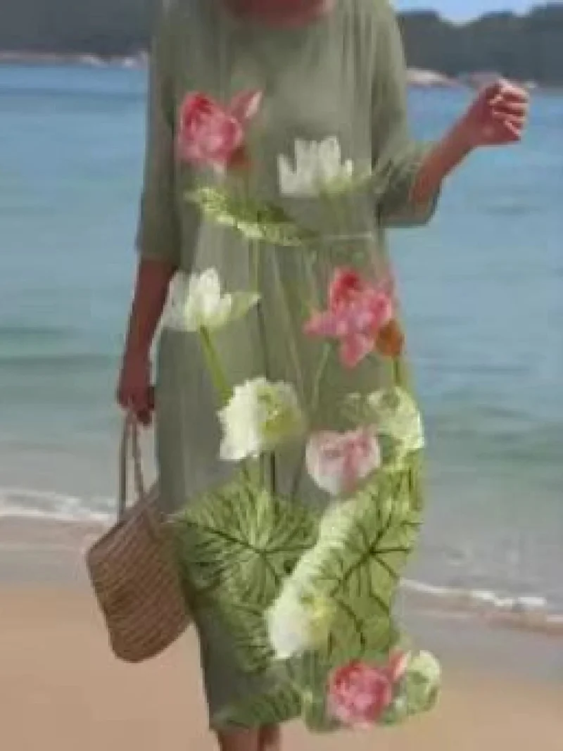 Blumenkleid Damen | Fließendes Midi mit Rosenprint & 3/4-Ärmeln