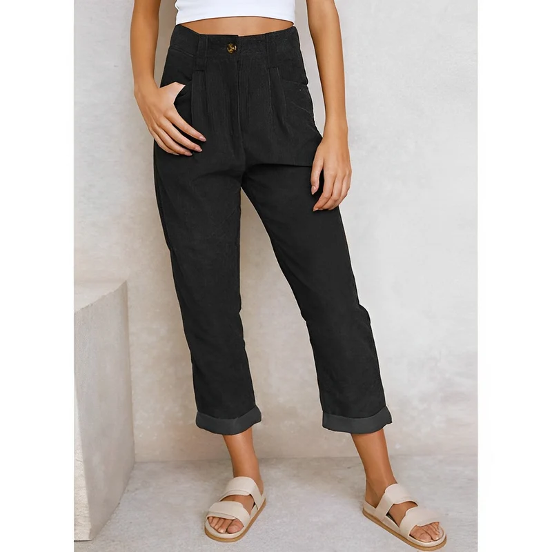 Cordhose Damen | High Waist Hose mit Bundfalten & Umschlagsaum