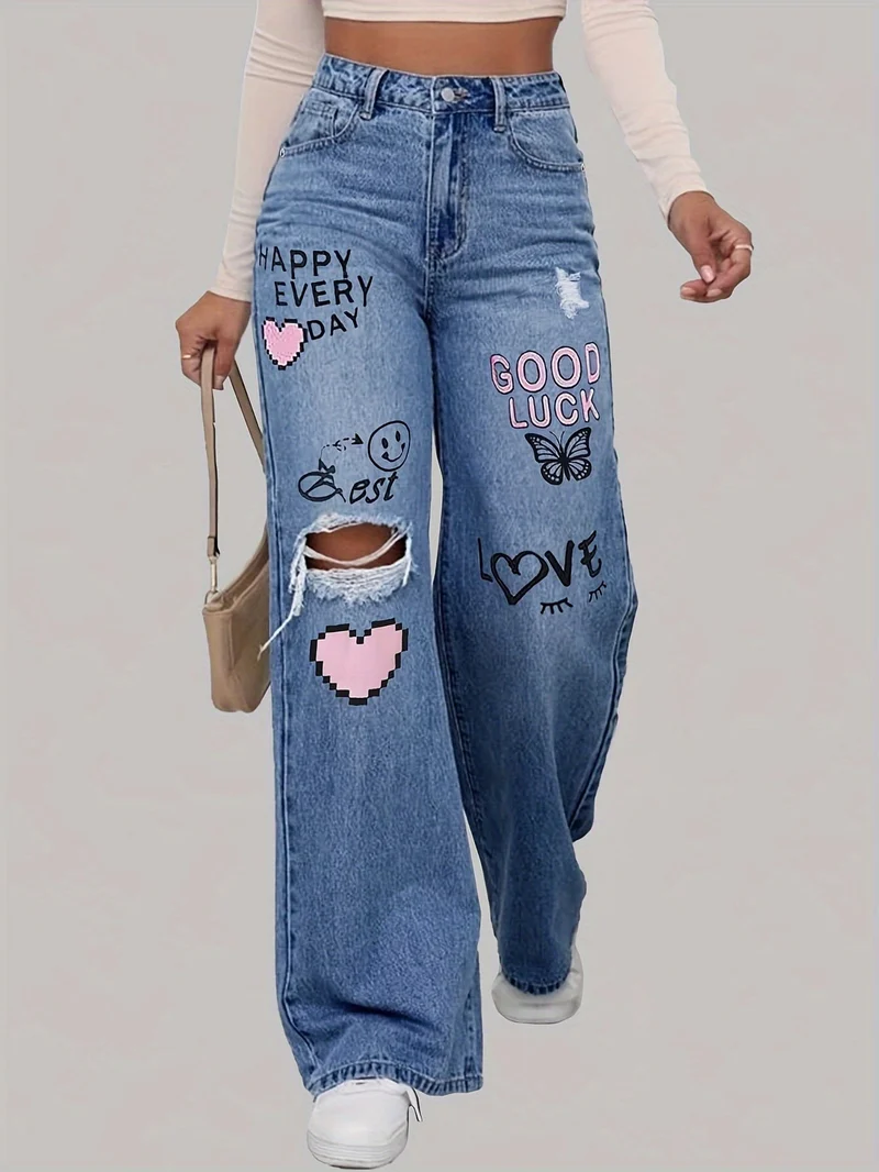 Baggy Jeans Damen | Herz-Graffiti-Print & Wide-Leg Streetstyle