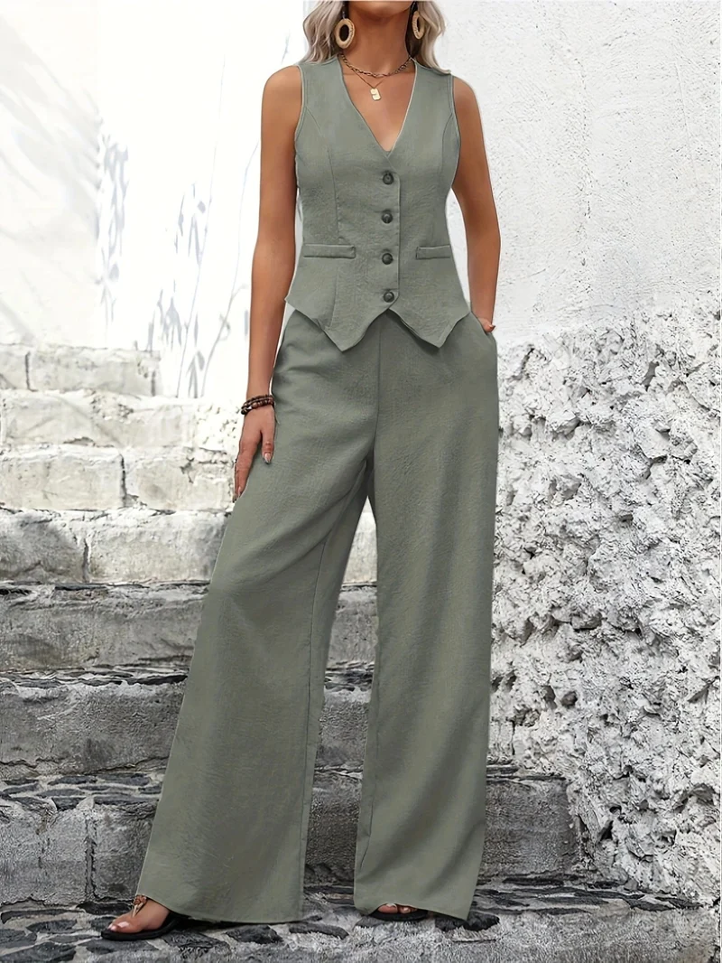 Zweiteiler Set Damen | Weste mit V-Ausschnitt & Weite Hose mit elegantem Fall