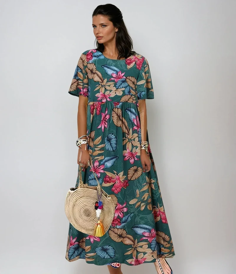 Sommerkleid Damen | Tropisches Blumenmuster & Fließender Stufenrock