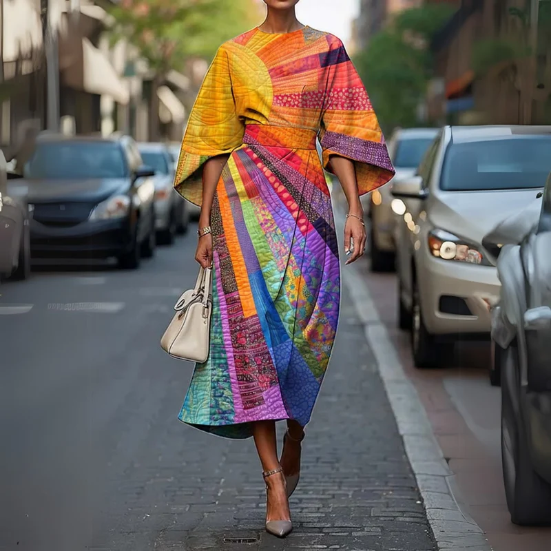 Sommerkleid Damen | Buntes Patchwork-Design & Ausgestellte Ärmel