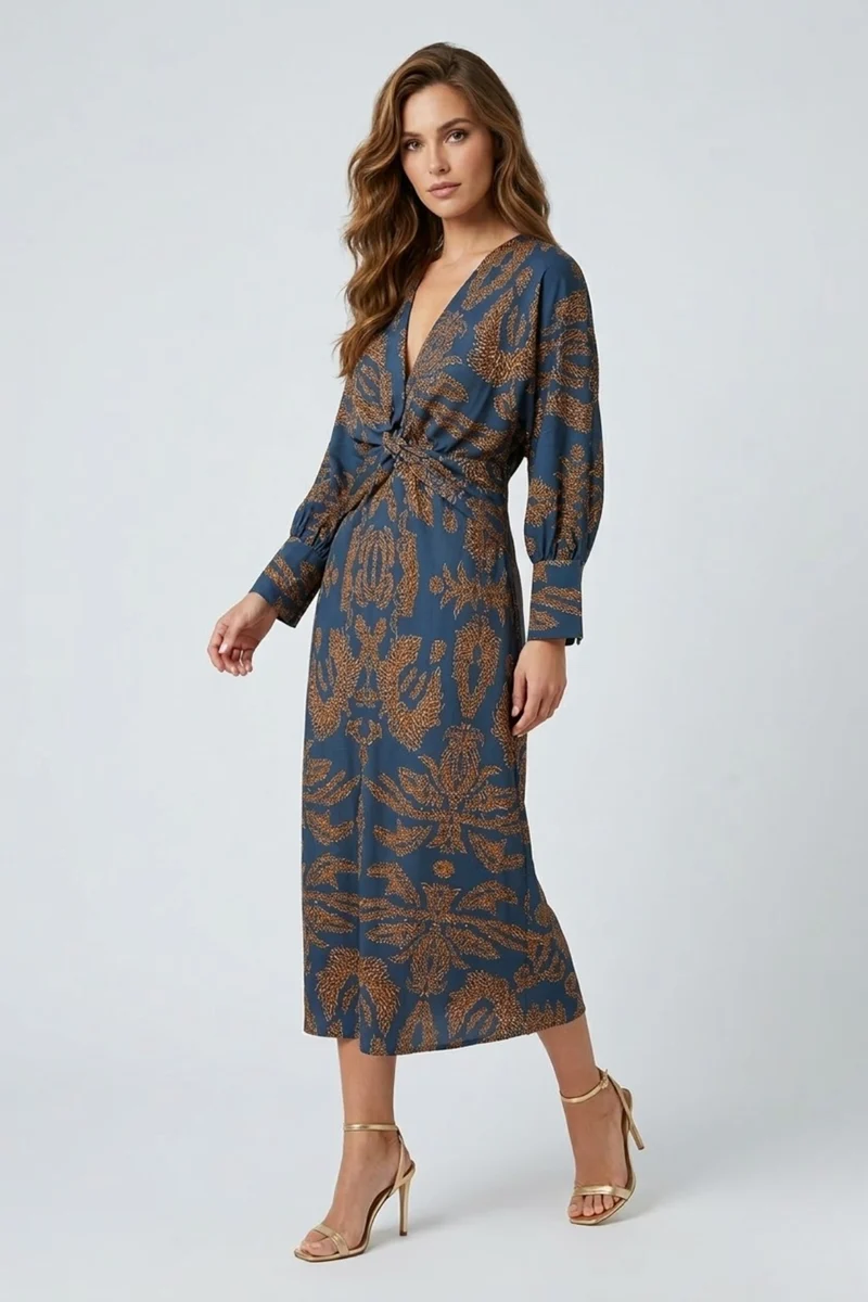 Midikleid Damen | Elegantes Langarm-Kleid mit Twist-Detail & Muster
