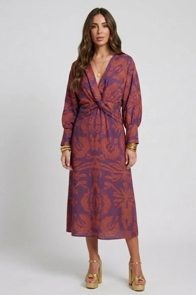 Midikleid Damen | Elegantes Langarm-Kleid mit Twist-Detail & Muster