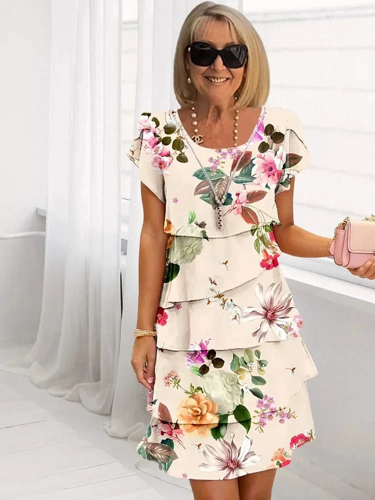 Midikleid Damen | Florales Stufenkleid mit Schmetterlingsärmeln
