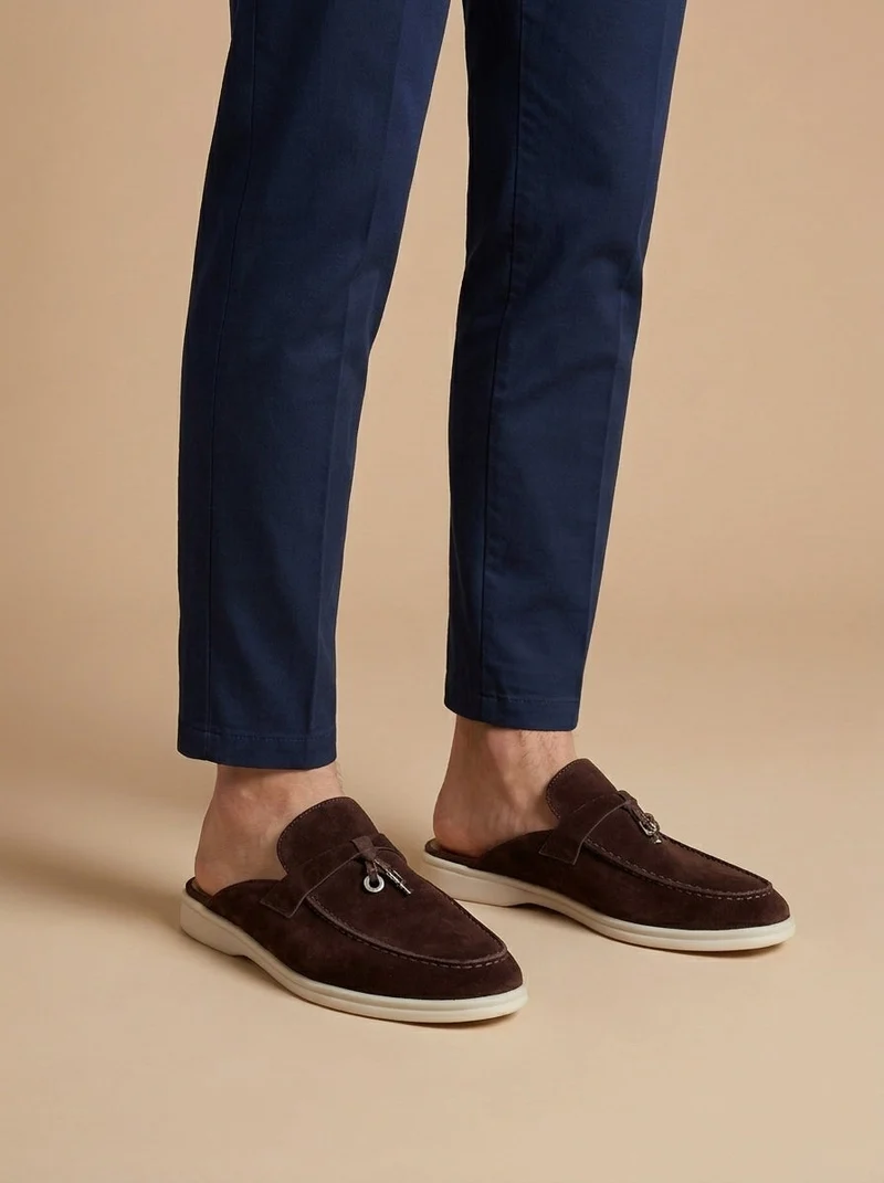 Loafer Herren | Offener Mule-Slipper mit Wildleder-Optik & Metallanhänger