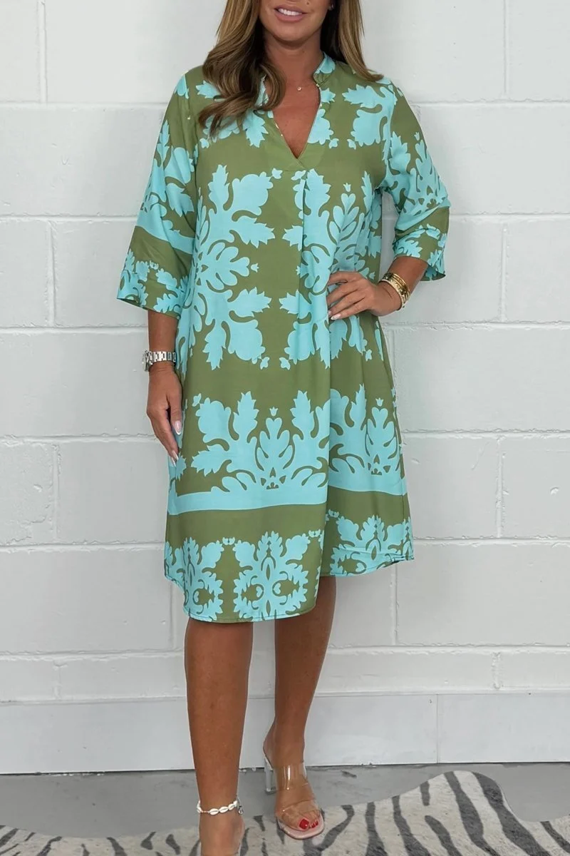 Midikleid Damen | Elegant Ornament-Print & V-Ausschnitt 3/4-Arm