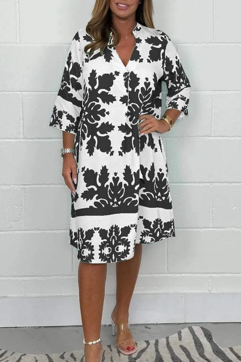 Midikleid Damen | Elegant Ornament-Print & V-Ausschnitt 3/4-Arm