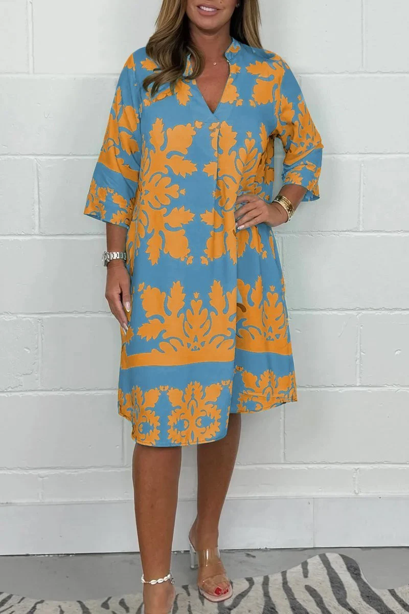 Midikleid Damen | Elegant Ornament-Print & V-Ausschnitt 3/4-Arm