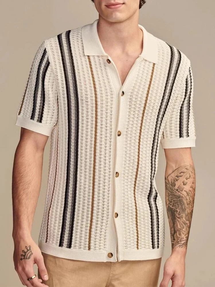 Poloshirt Herren | Offenes Strick-Polo mit Streifen & Vollknopfleiste
