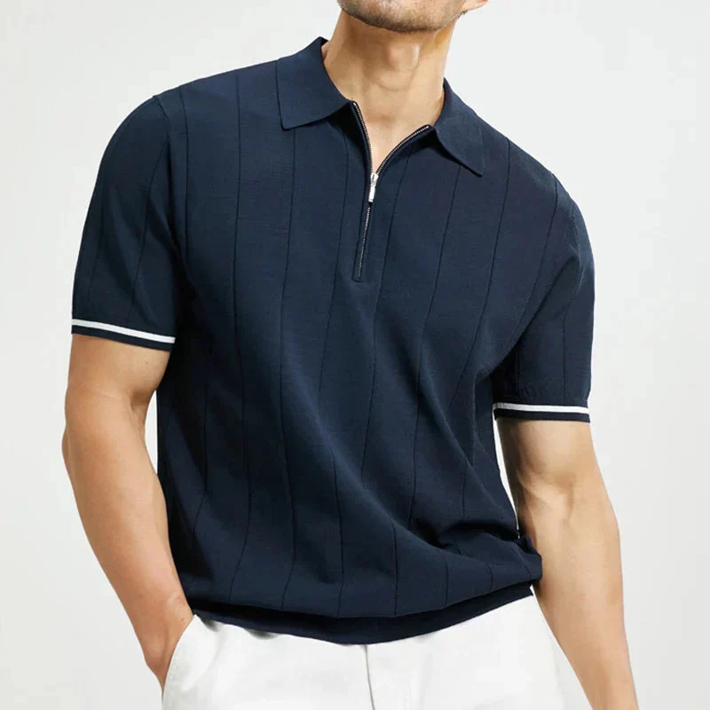 Poloshirt Herren | Kurzarm Strick-Polo mit Reißverschluss & Streifendetails