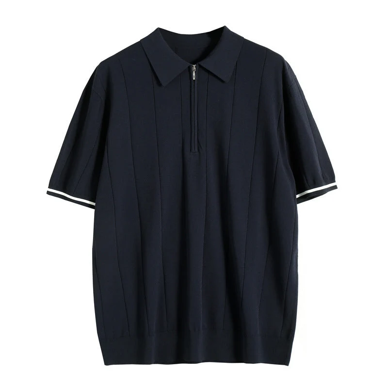 Poloshirt Herren | Kurzarm Strick-Polo mit Reißverschluss & Streifendetails