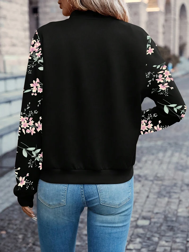 Übergangsjacke Damen | Bomberjacke Damen | Blumenprint-Ärmel & Zipper für schnellen Style