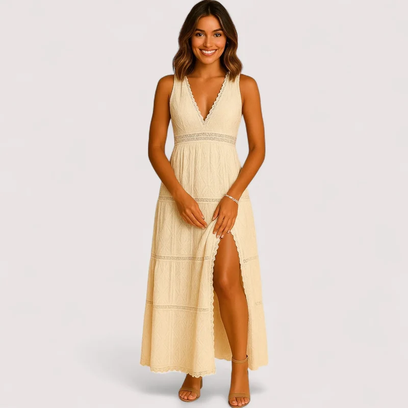 Boho Kleid Damen | Tiefer V-Ausschnitt & Spitzeneinsätze