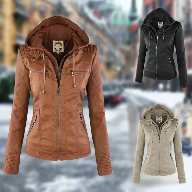 Lederjacke Damen | Abnehmbare Kapuze & Taillierter Zip-Schnitt