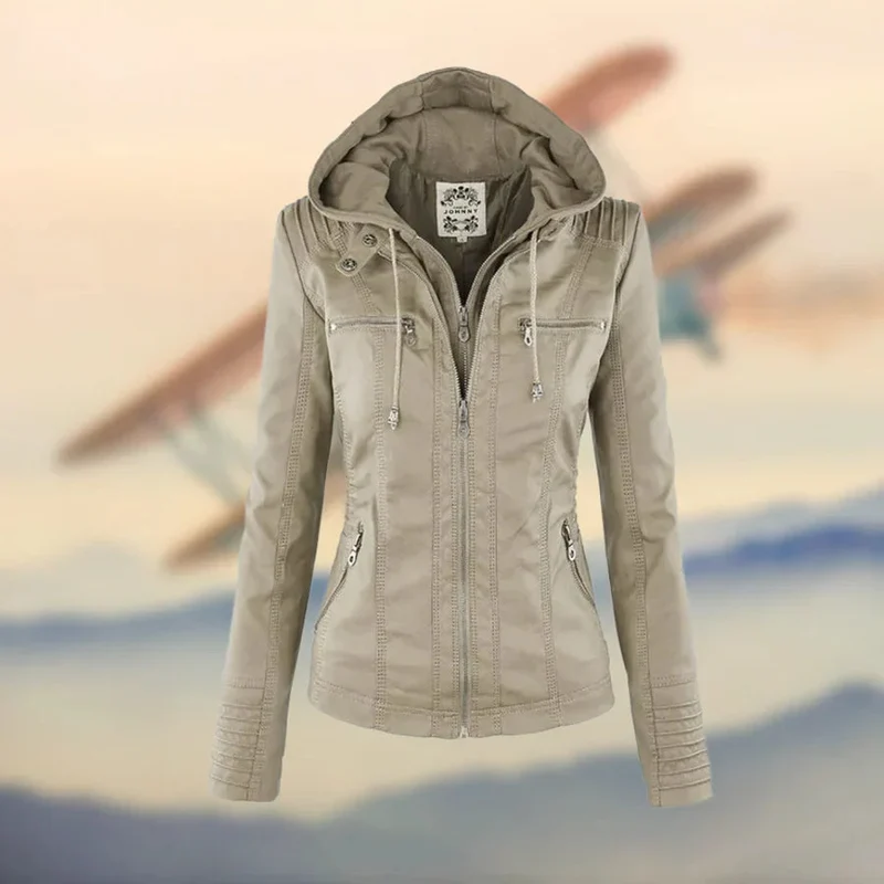 Lederjacke Damen | Abnehmbare Kapuze & Taillierter Zip-Schnitt