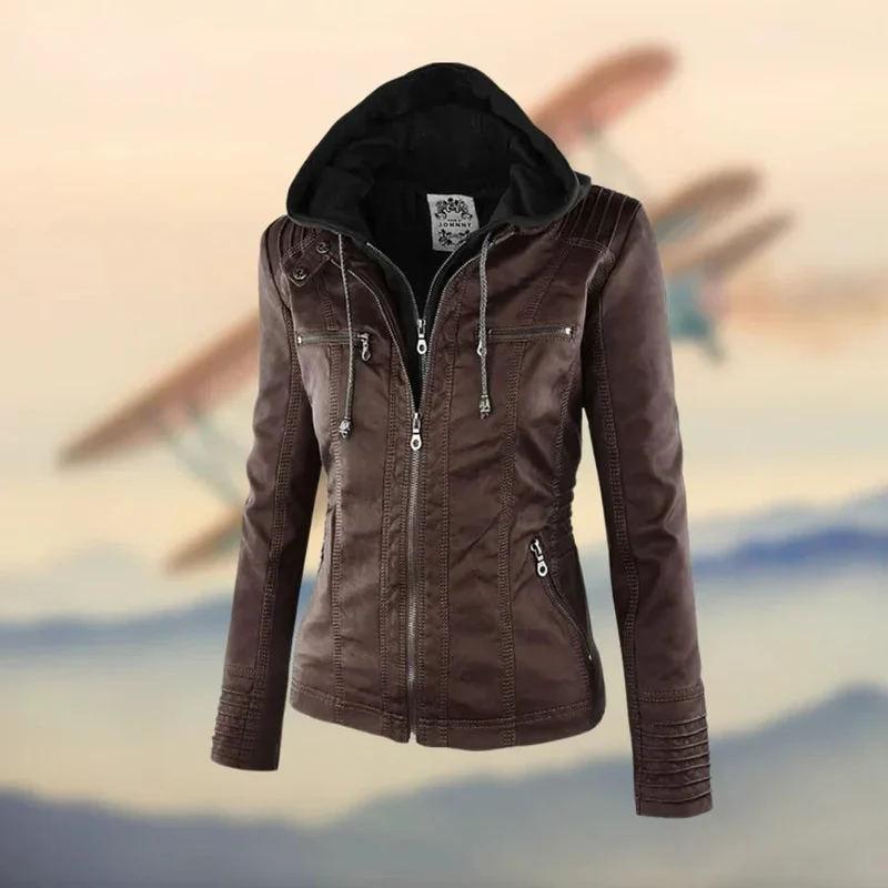 Lederjacke Damen | Abnehmbare Kapuze & Taillierter Zip-Schnitt