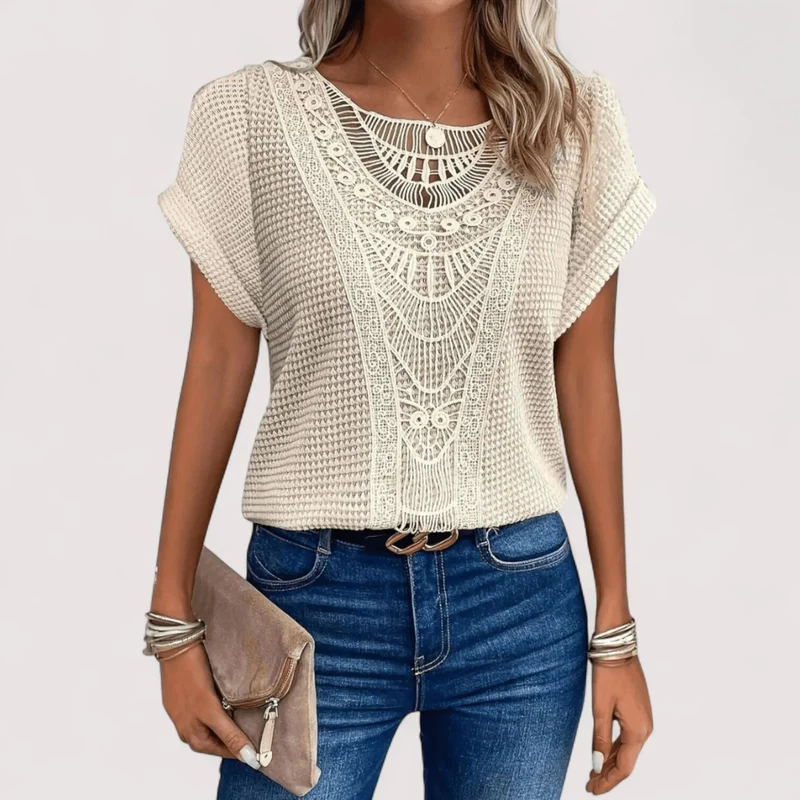 Top Damen | Spitzendetail & Waffelstruktur