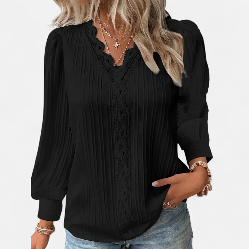 Bluse Damen | Elegant mit Spitzenbesatz & V-Ausschnitt Langarm