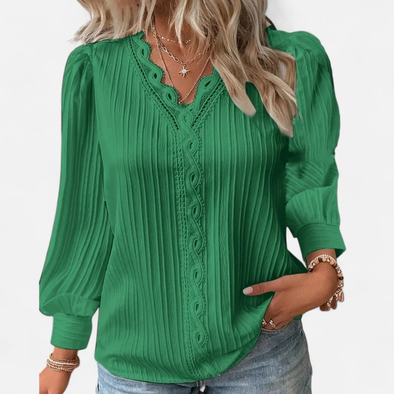 Bluse Damen | Elegant mit Spitzenbesatz & V-Ausschnitt Langarm