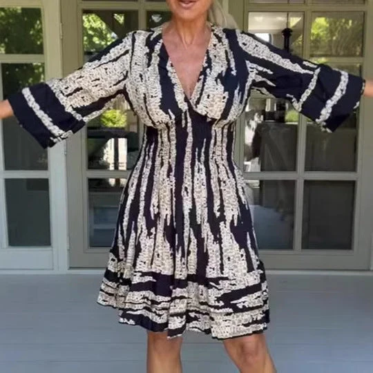 Midikleid Damen | Gemustertes Kleid mit 3/4-Ärmeln