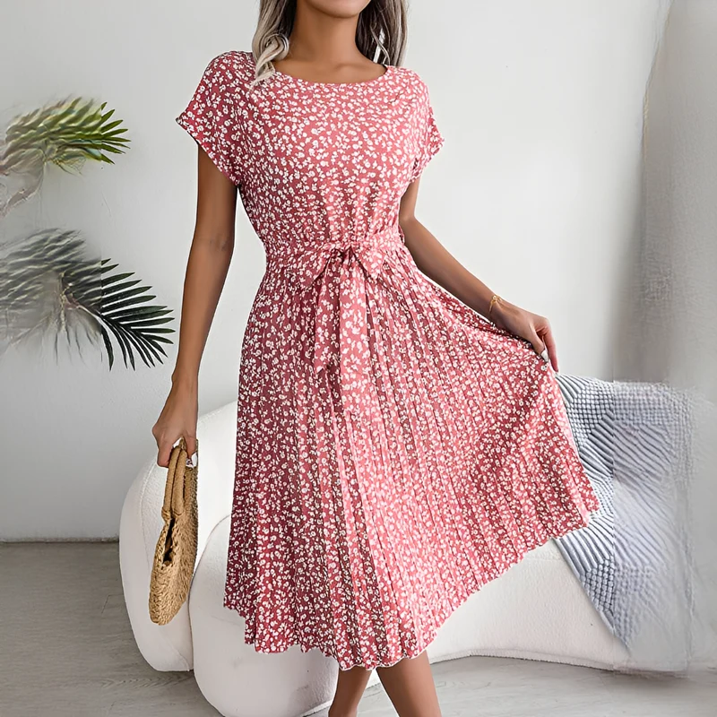Sommerkleid Damen | Plissiertes Midi mit Bindegürtel & Blumenmuster