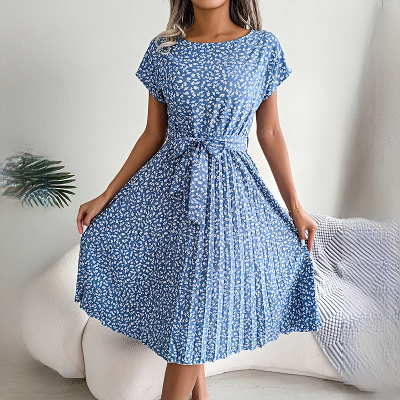 Sommerkleid Damen | Plissiertes Midi mit Bindegürtel & Blumenmuster