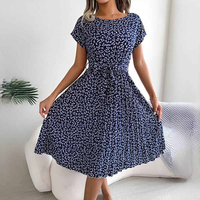Sommerkleid Damen | Plissiertes Midi mit Bindegürtel & Blumenmuster